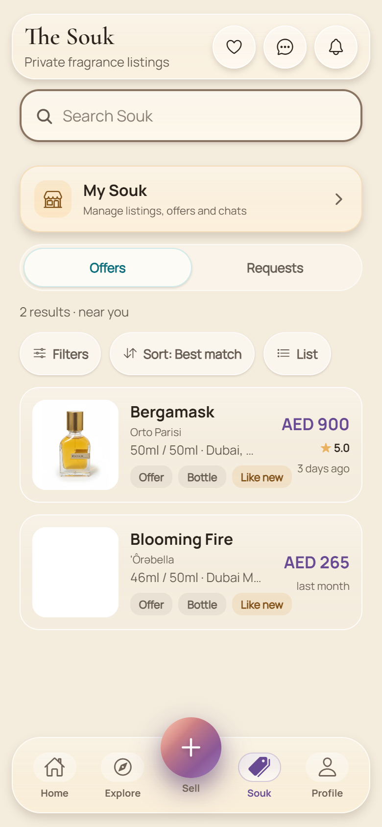 The PERFUMI Souk — private fragrance listings in AED with offers and requests